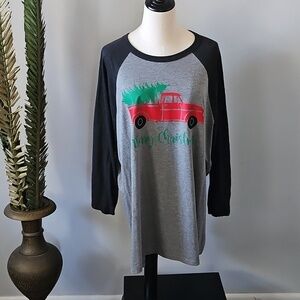 Gray and Black "Merry Christmas" Red Truck Raglan Tee